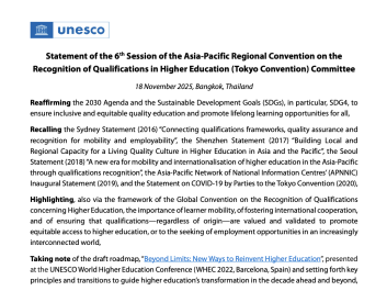 Statement of the 6th session of the Asia-Pacific Regional Convention on the Recognition of Qualifications in Higher Education (Tokyo Convention) Committee