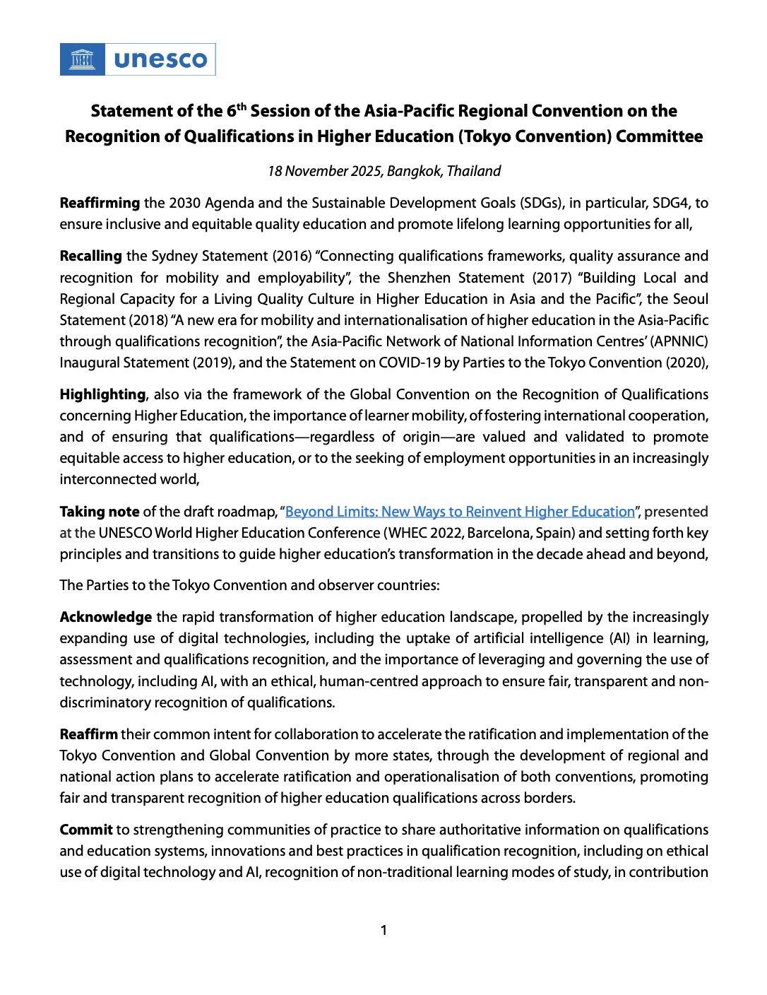 Statement of the 6th session of the Asia-Pacific Regional Convention on the Recognition of Qualifications in Higher Education (Tokyo Convention) Committee