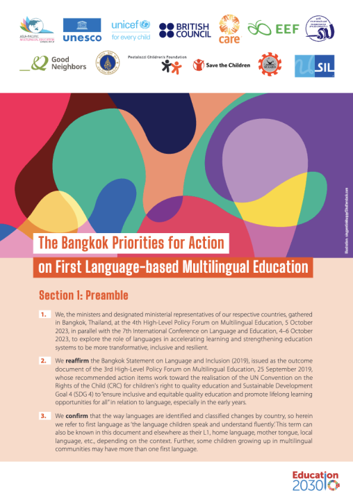 The Bangkok Priorities for Action on First Language-based Multilingual Education