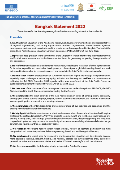 Bangkok Statement 2022: Towards an Effective Learning Recovery for All and Transforming Education in Asia-Pacific